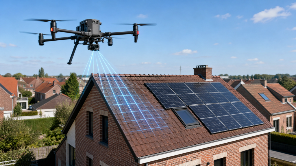 Drone professionnel effectuant un scan 3D d'une toiture en briques pour un projet photovoltaïque Nord Solar.