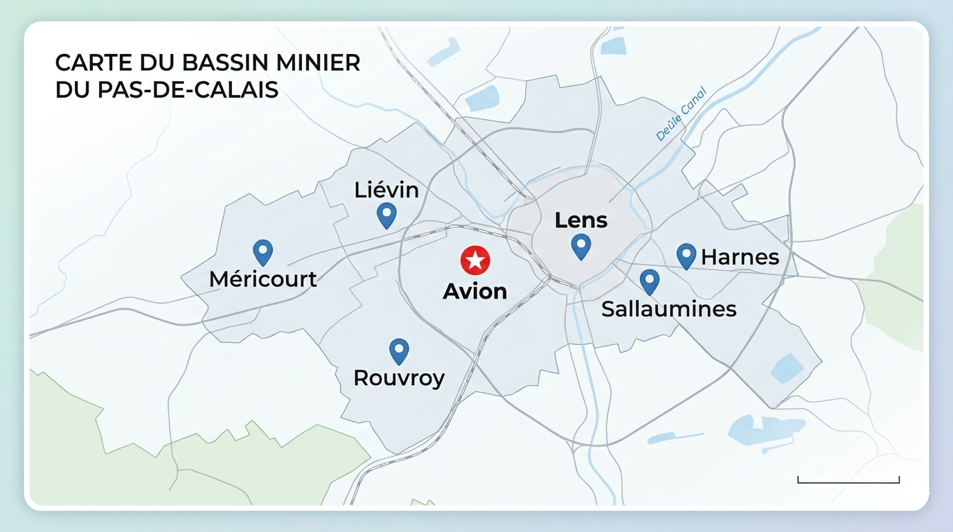 Carte du bassin minier – zones d'intervention Nord Solar autour d'Avion, Lens, Liévin, Arras et Hénin-Beaumont
