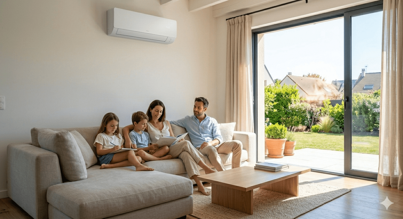 Comparaison entre chaleur extérieure intense et confort intérieur frais dans une maison alimentée par énergie solaire