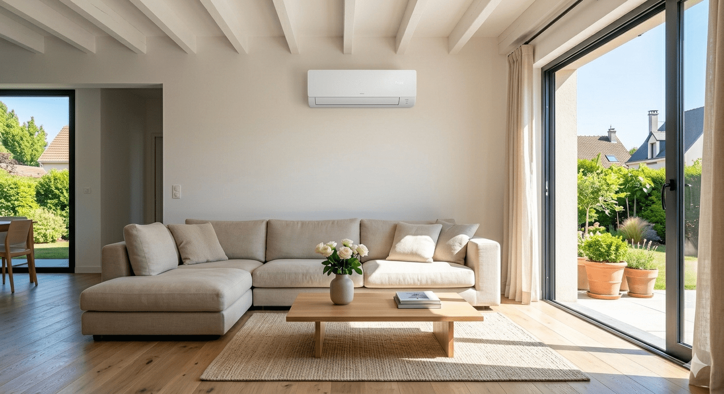 Intérieur de maison moderne fraîche en été grâce à l'énergie solaire et à la climatisation réversible