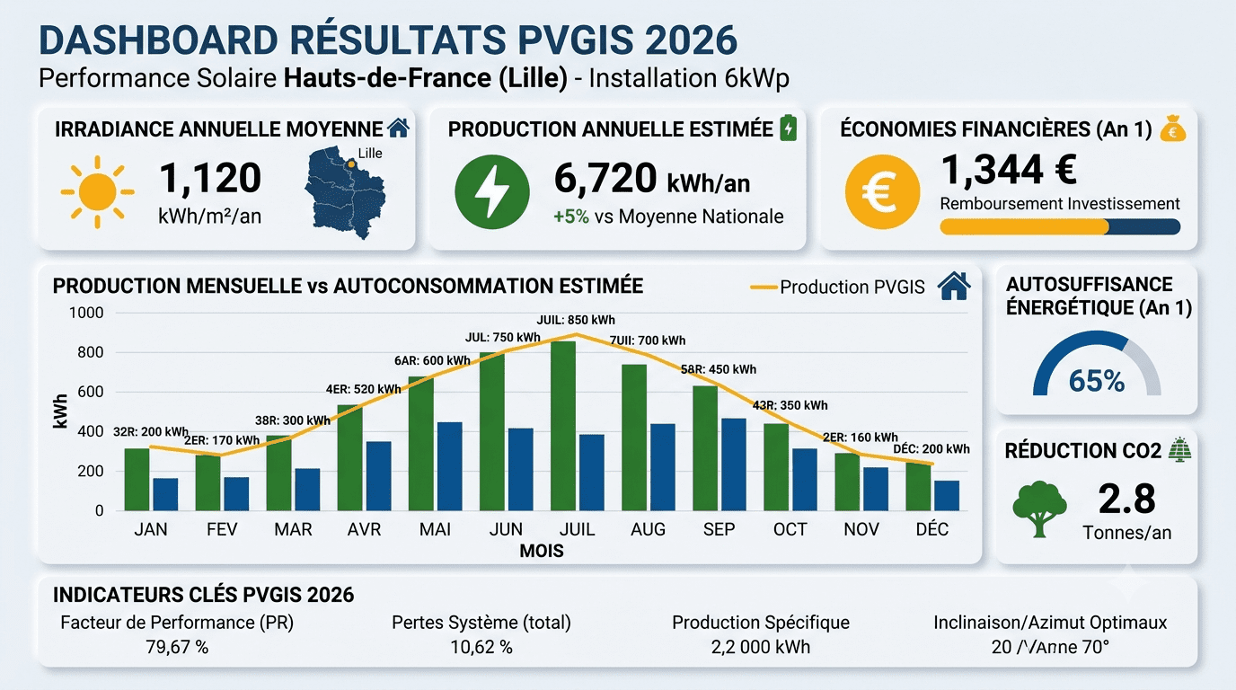 Dashboard complet des résultats et performance PVGIS 2026