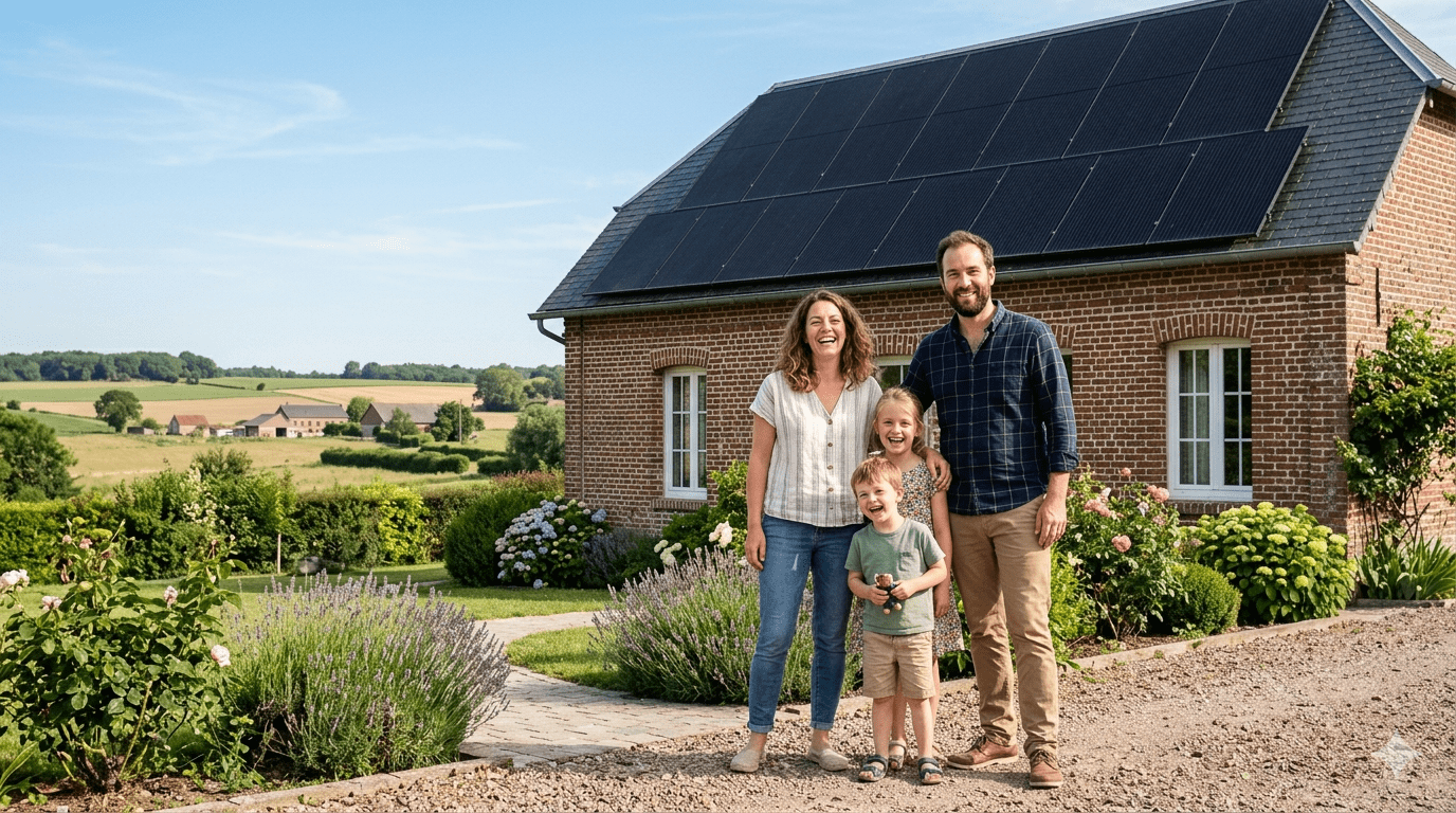 Famille avec panneaux solaires dans les Hauts-de-France – installation résidentielle photovoltaïque