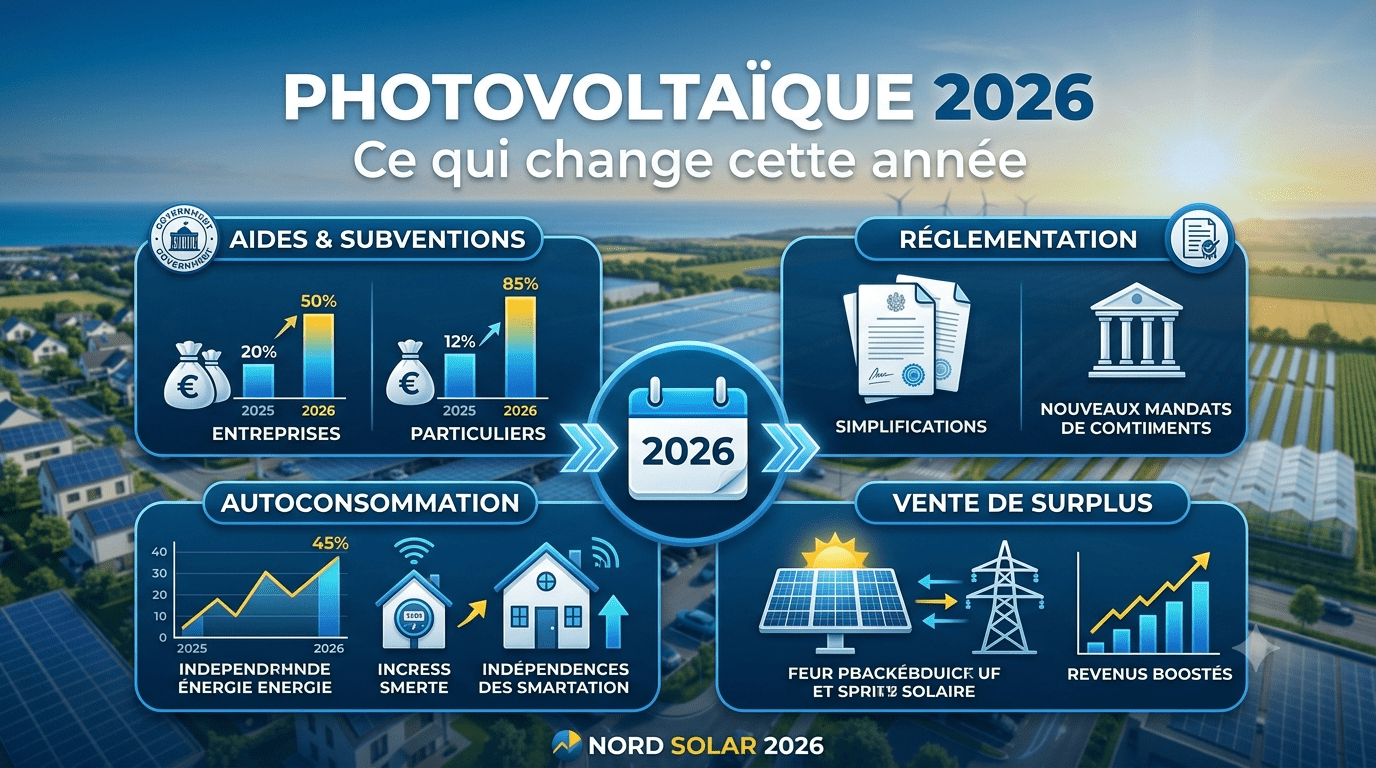 Infographie réforme photovoltaïque 2026 : prime, TVA, EDF OA et rentabilité