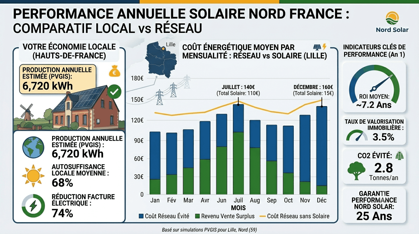 Performance annuelle solaire Nord France - Comparatif local vs Réseau