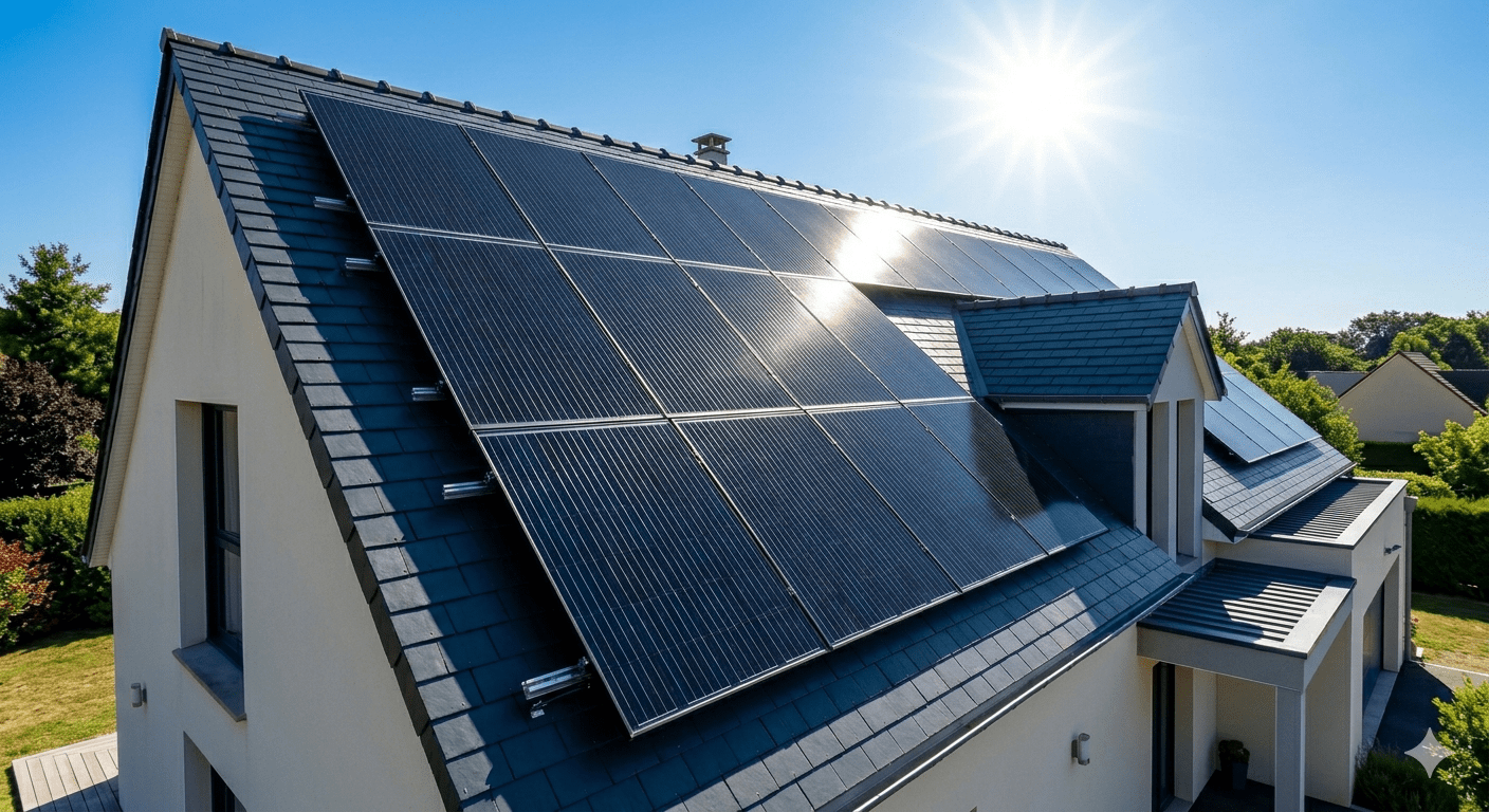 Panneaux photovoltaïques en production maximale sous un soleil intense avec suivi de production
