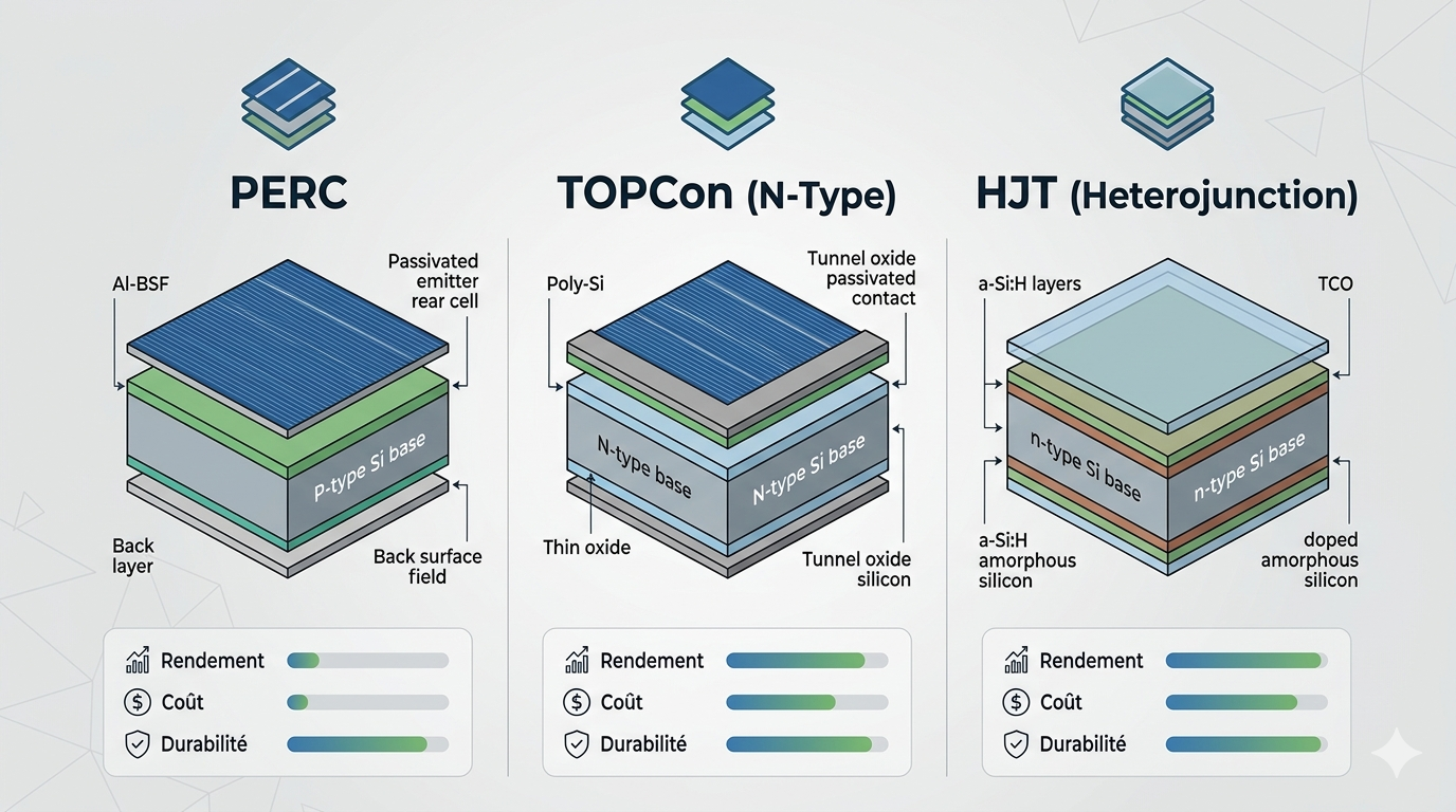 Comparatif technologies PERC, TOPCon, HJT