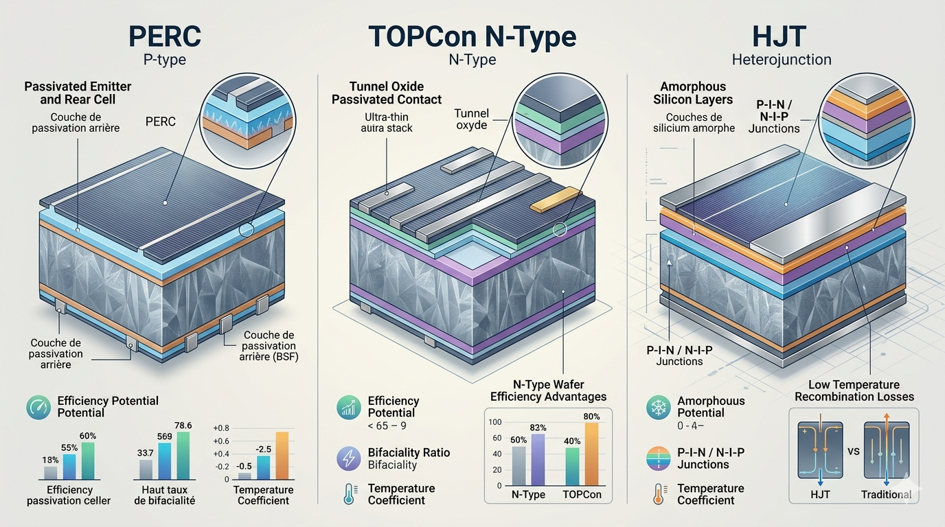 Comparatif des technologies photovoltaïques PERC, TOPCon et HJT – adaptation au climat du Nord de la France