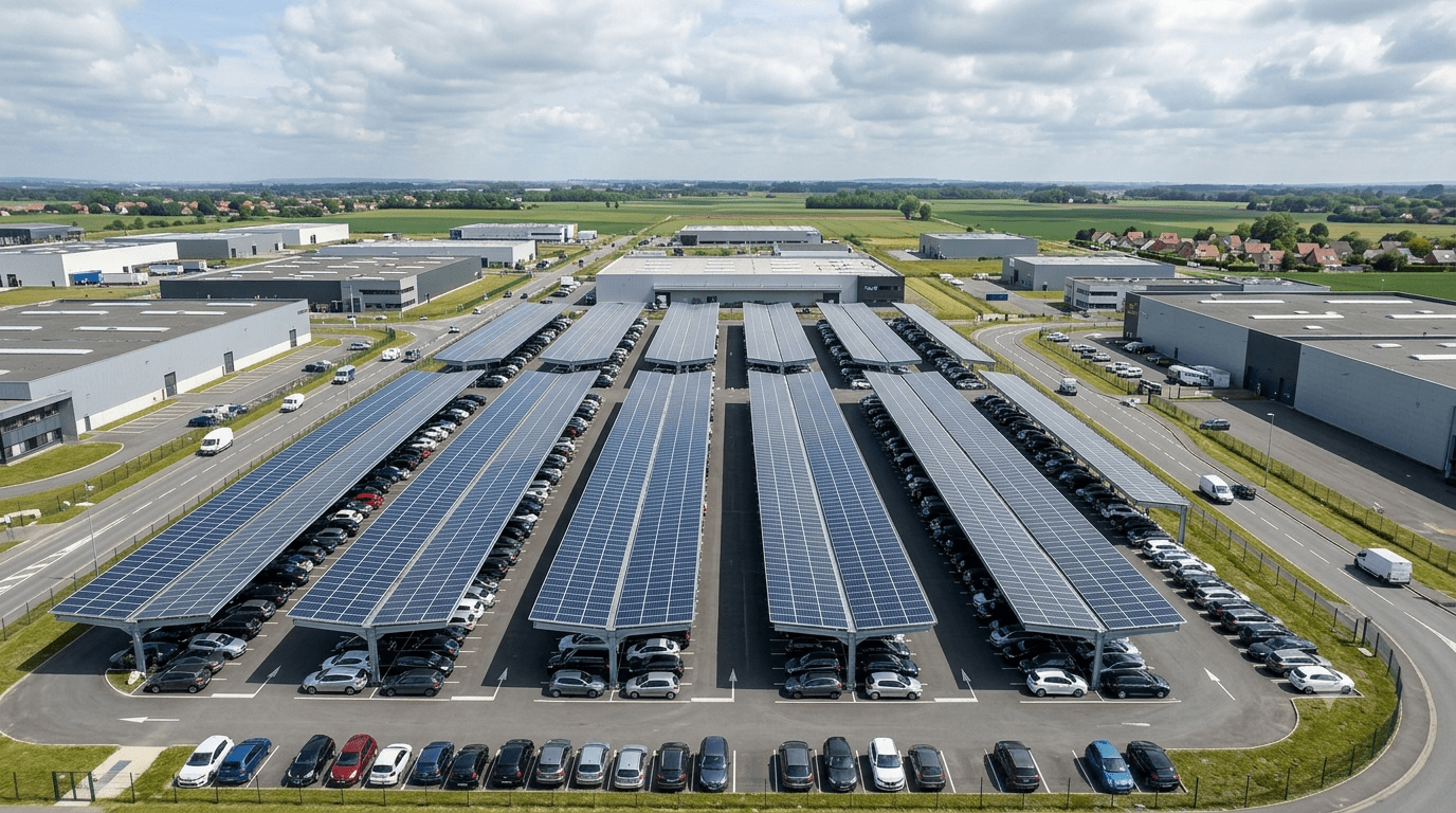 Vue aérienne d'un parking industriel des Hauts-de-France équipé d'ombrières photovoltaïques Nord Solar