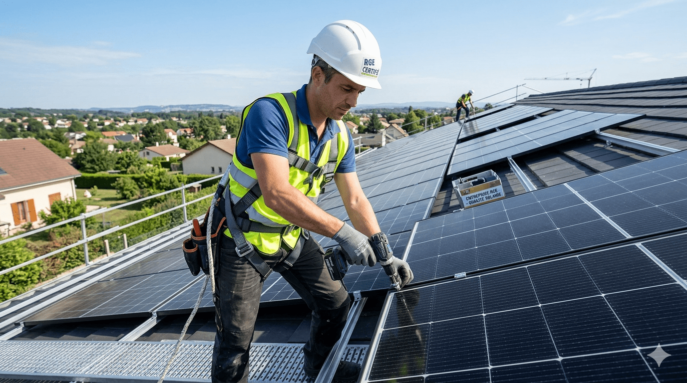 Technicien certifié RGE QualiPV installant des panneaux solaires TOPCon