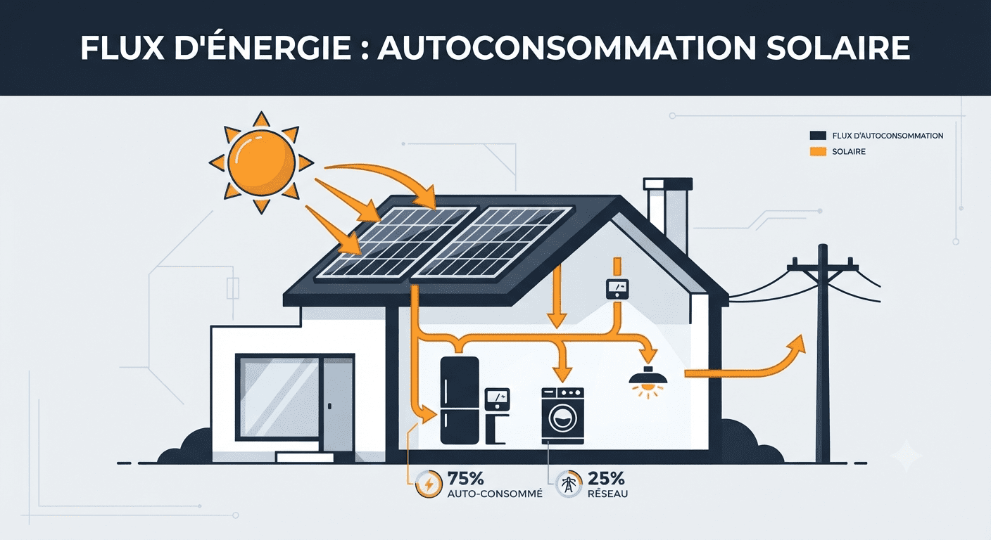 Schéma explicatif de l'autoconsommation solaire avec panneaux, appareils électroménagers et revente au réseau