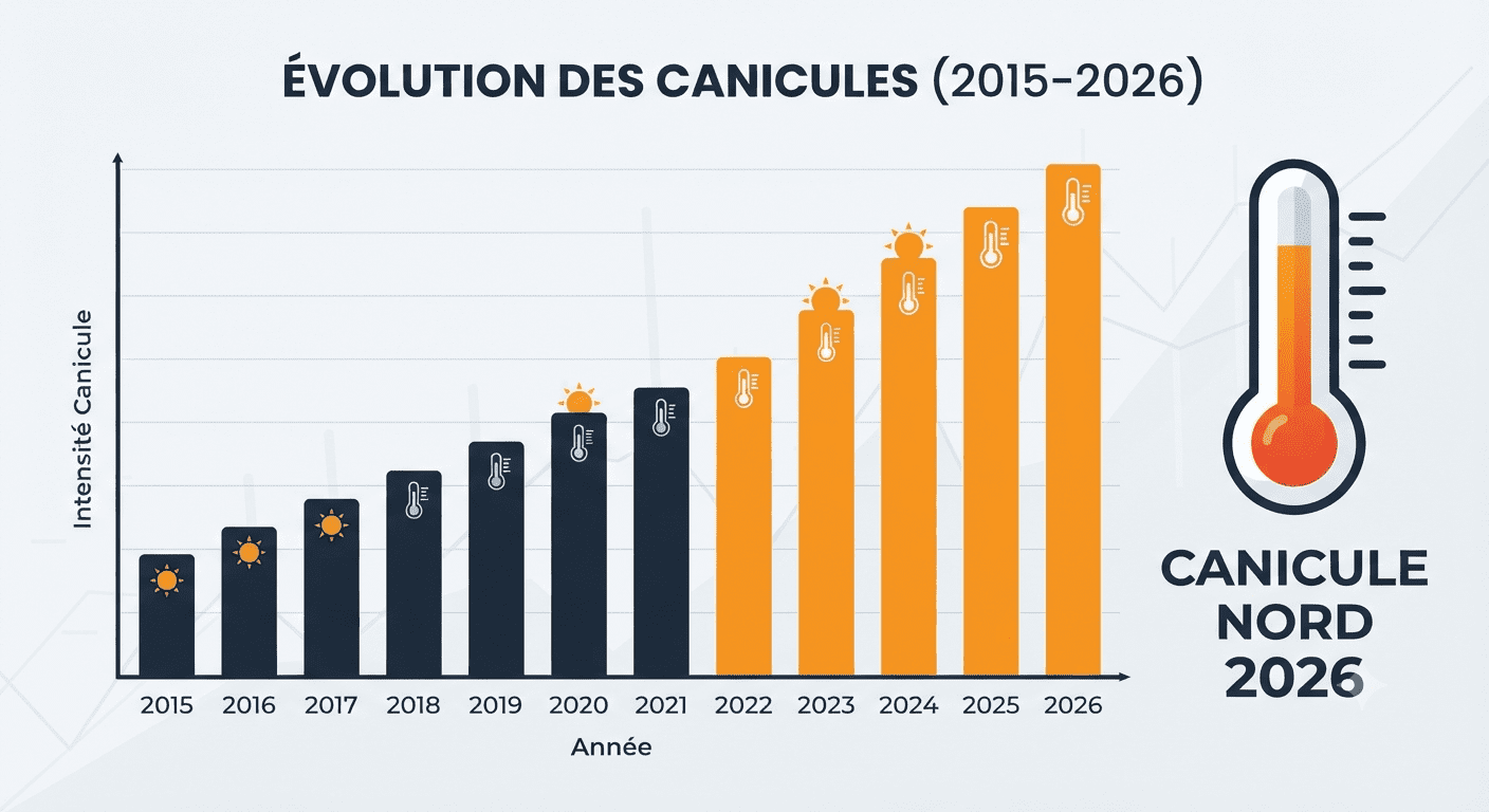 Graphique montrant l'évolution des jours de canicule à Lille de 2015 à 2026