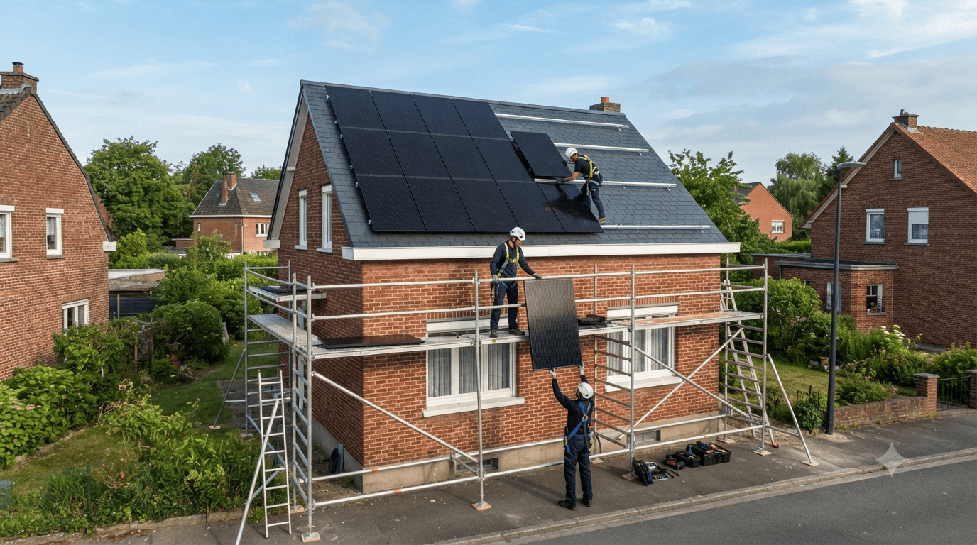 Installateurs Nord Solar posant des panneaux solaires sur une maison en briques près de Lille