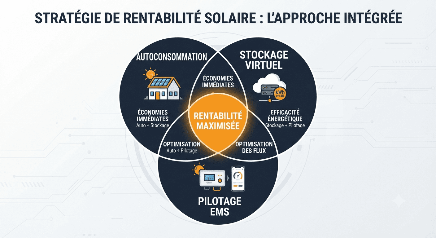 Diagramme de Venn des 3 piliers de la rentabilité solaire : autoconsommation, stockage et pilotage