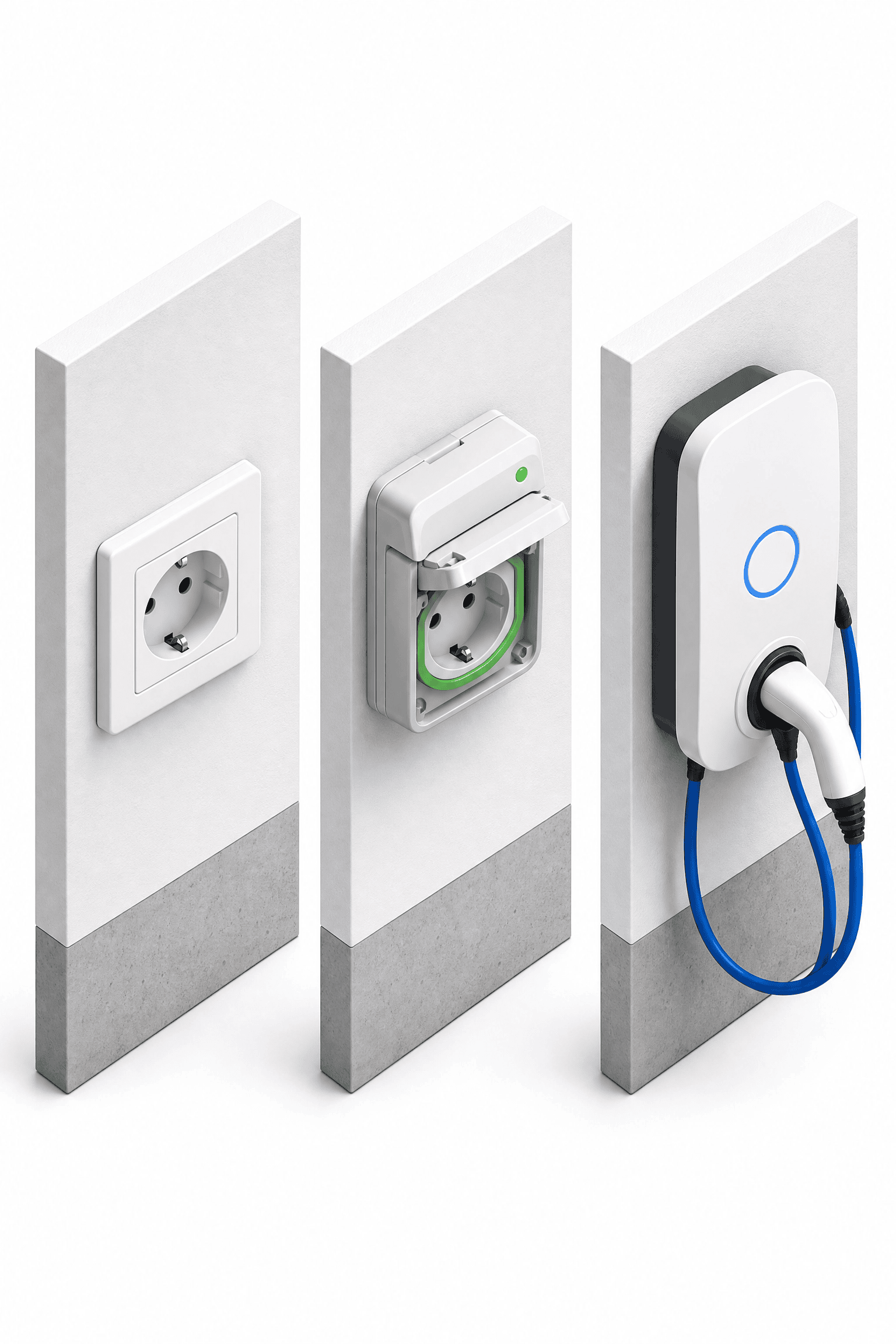 Comparaison : prise domestique, prise renforcée, wallbox