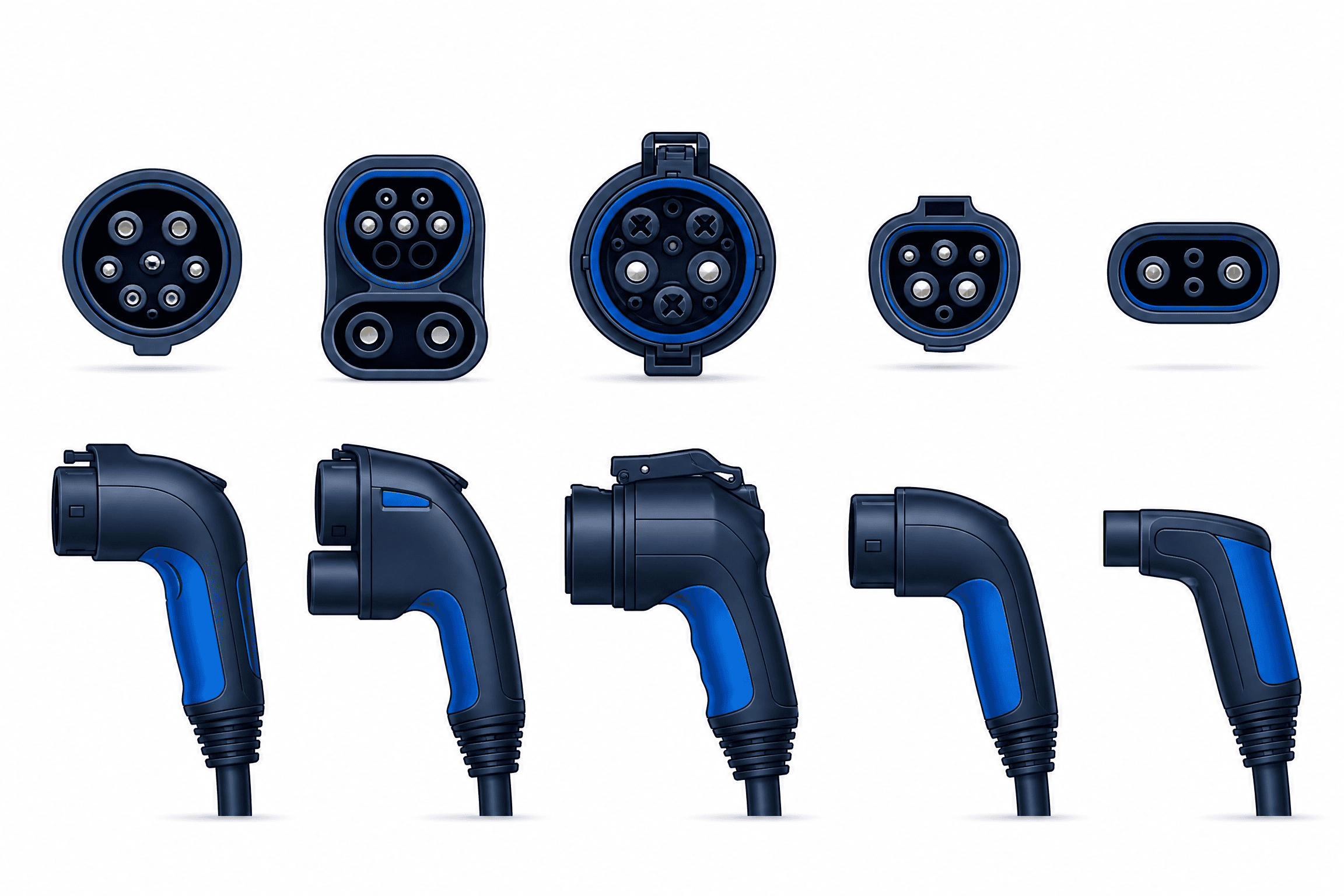 Les cinq types de connecteurs : Type 2, CCS, CHAdeMO, Type 1, NACS