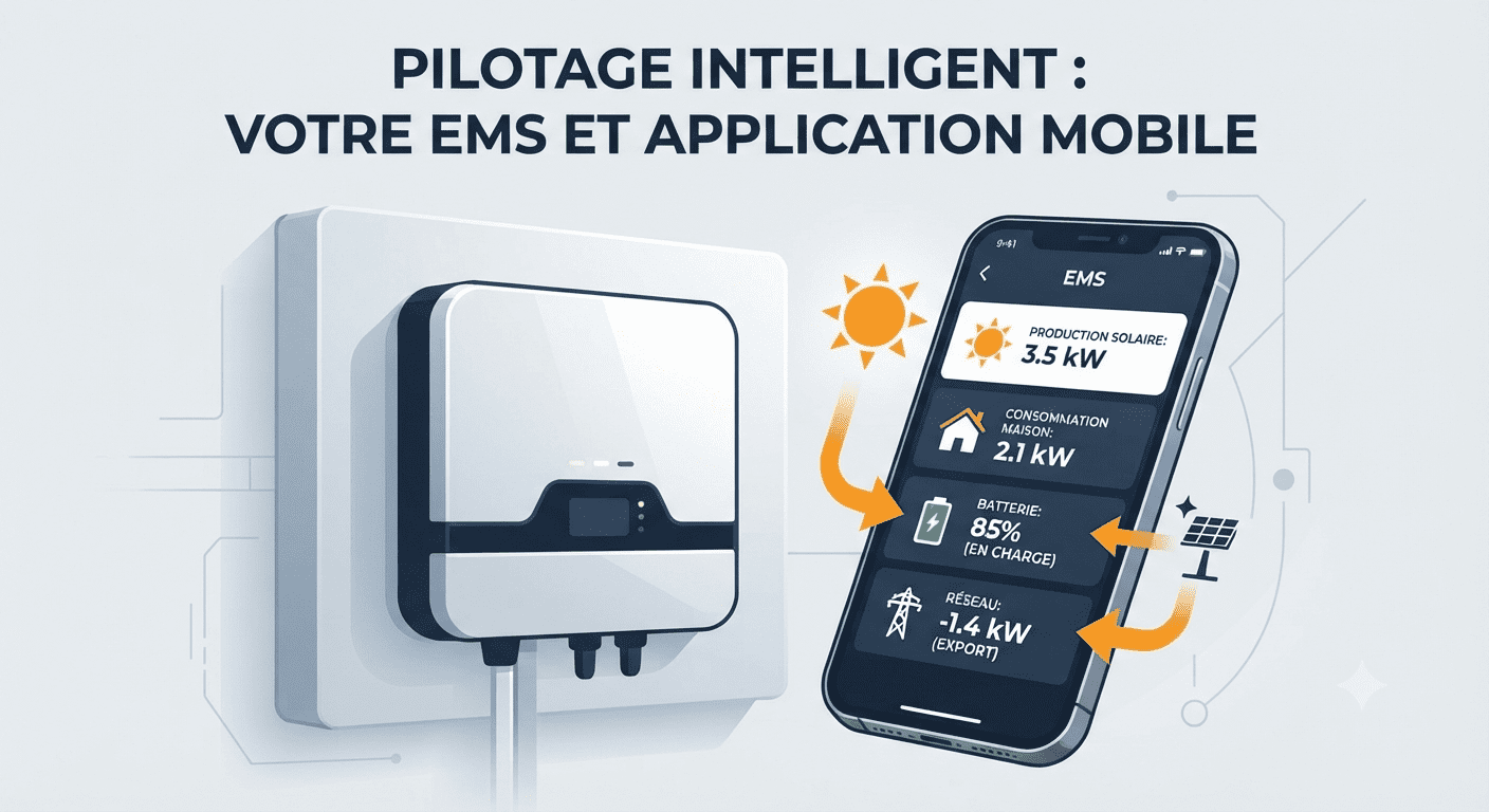 Système de pilotage intelligent EMS installé près d'un tableau électrique avec application mobile