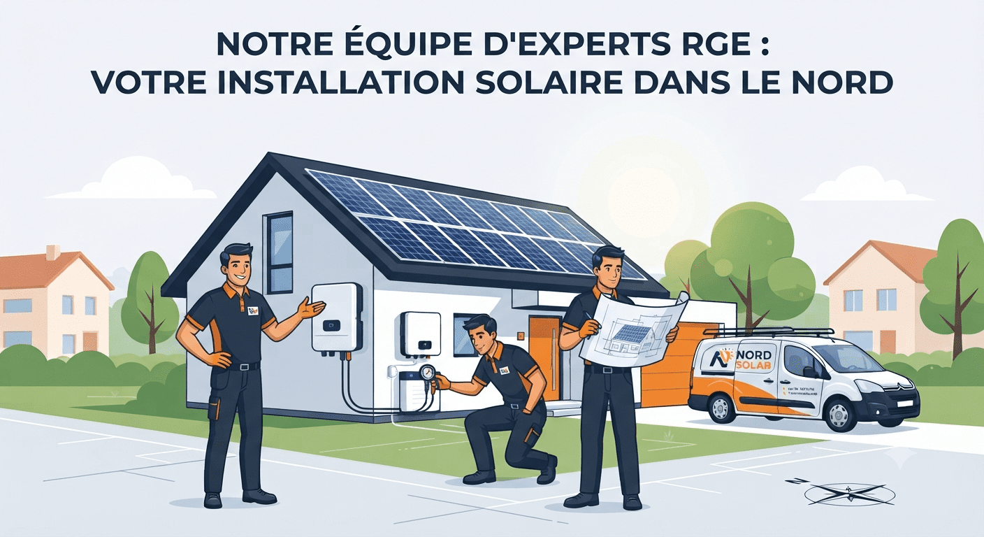 Équipe d'installateurs solaires Nord Solar devant une maison avec panneaux photovoltaïques