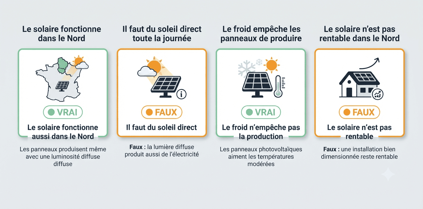 Cartes visuelles expliquant que les panneaux solaires produisent aussi par temps couvert et sont rentables dans le Nord