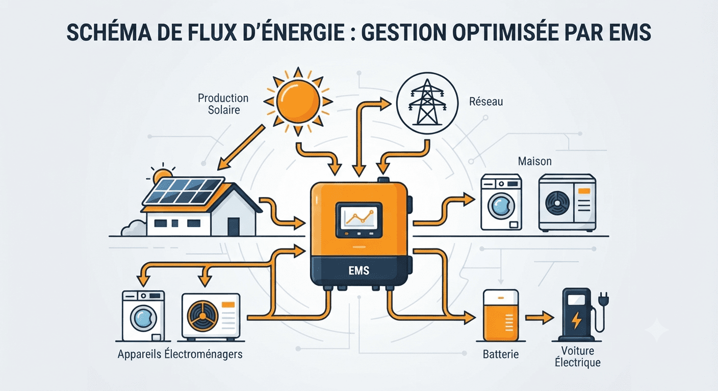 Schéma fonctionnel d'un système EMS reliant panneaux solaires, batterie, appareils et réseau
