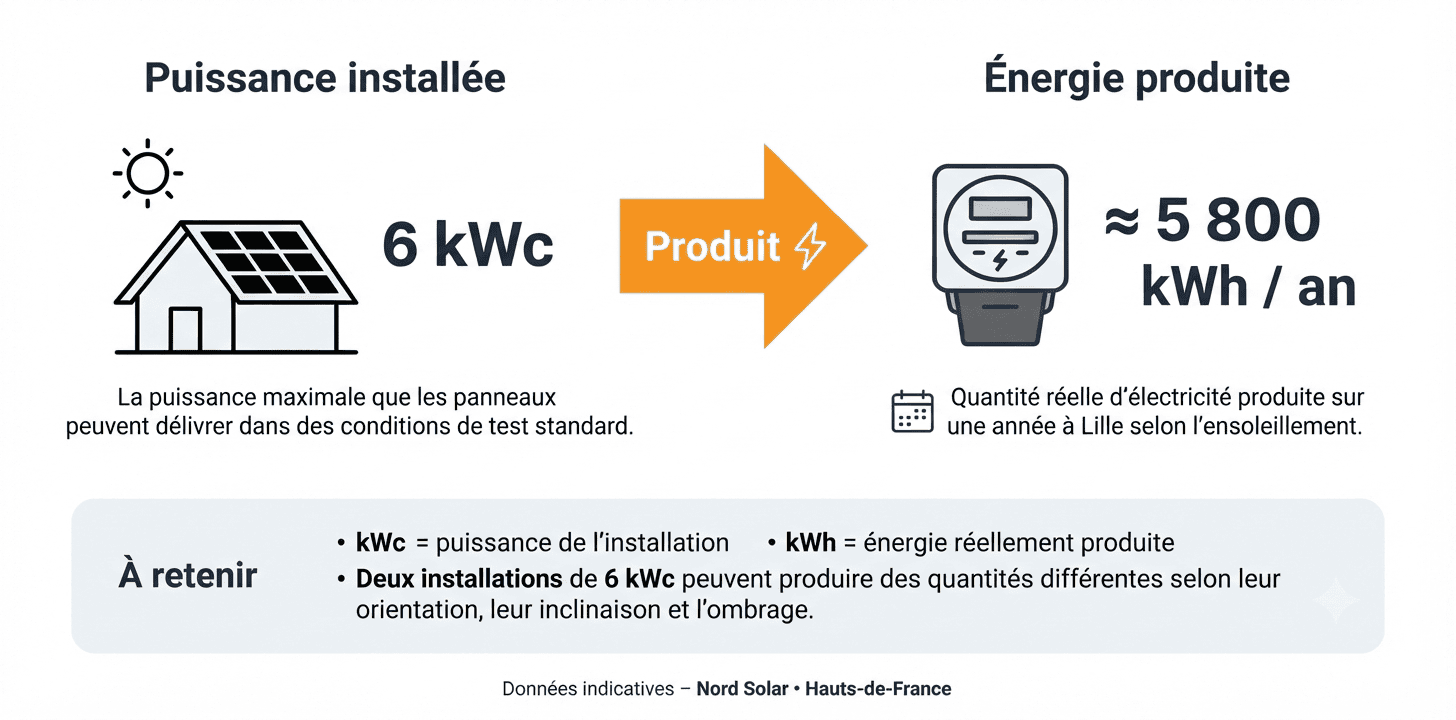 Schéma comparant la puissance en kWc et la production en kWh d'une installation photovoltaïque à Lille