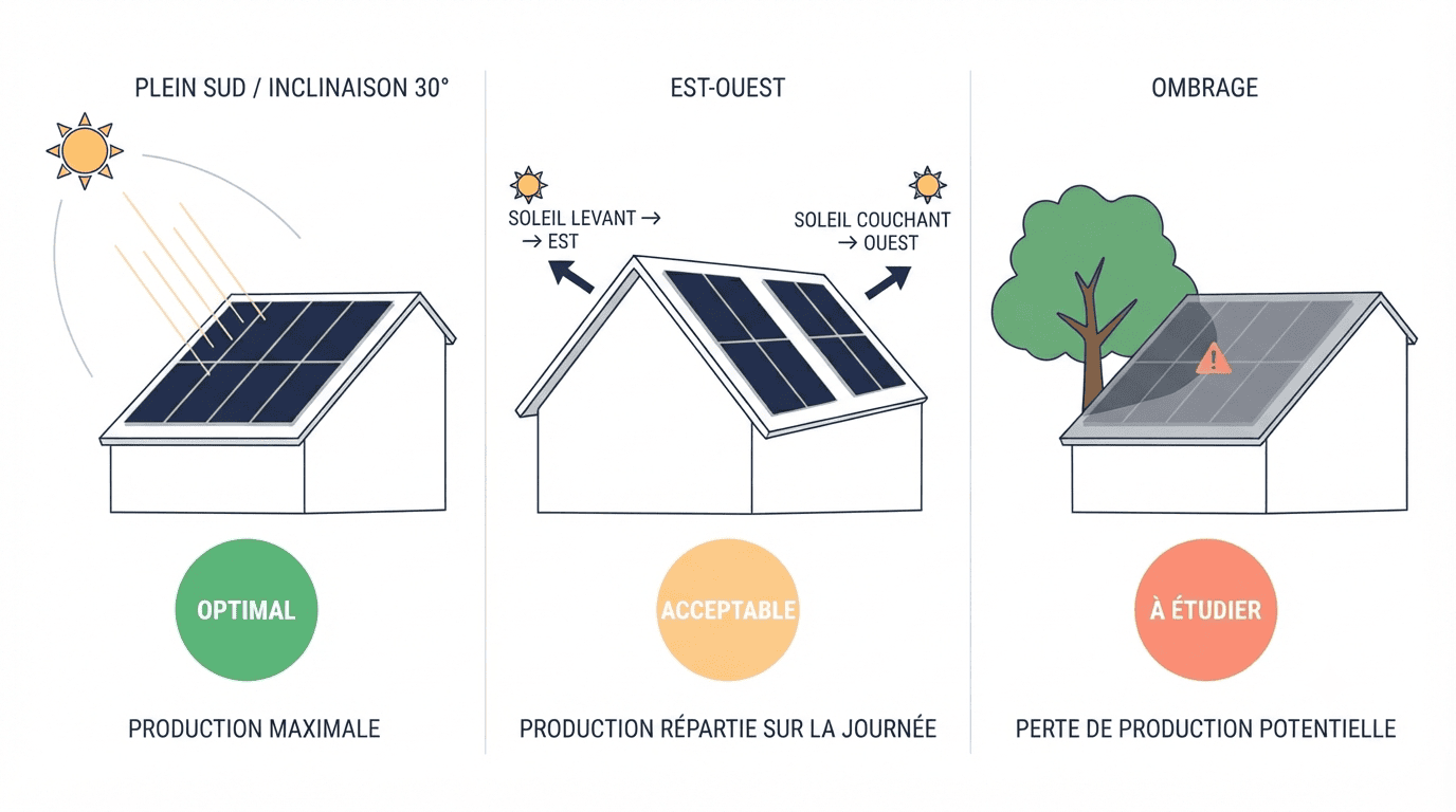 Schéma comparant différentes orientations de toiture et un cas avec ombrage, pour montrer leur impact sur la production solaire
