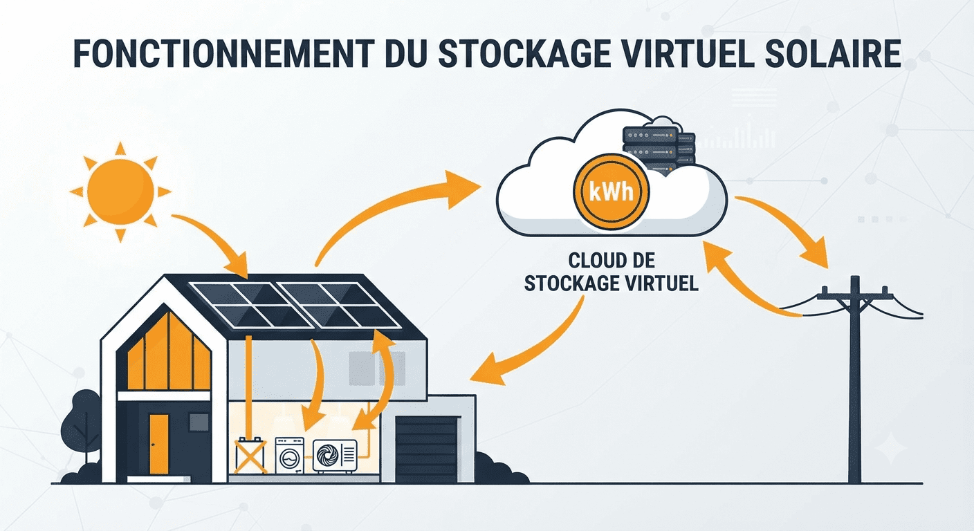 Schéma explicatif du fonctionnement du stockage virtuel d'énergie solaire