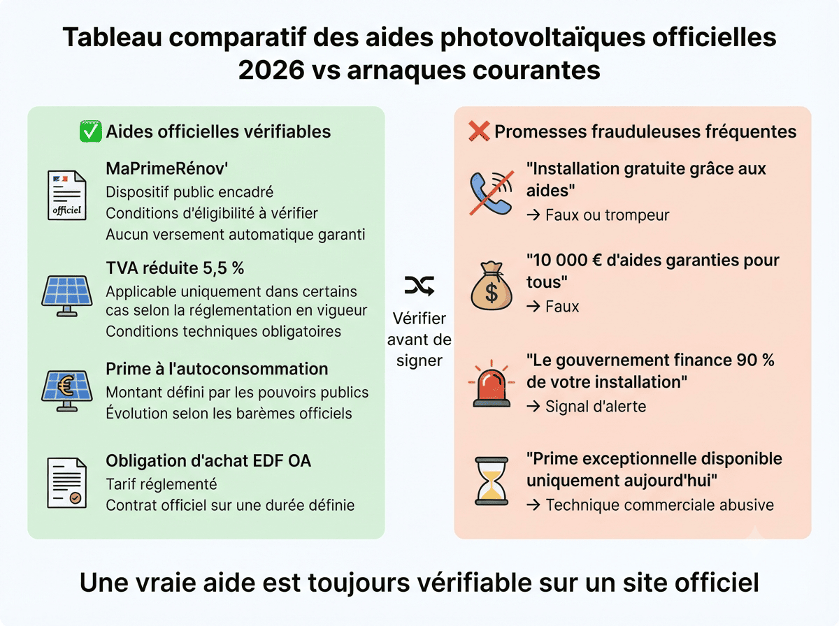 Tableau comparatif des aides officielles 2026 vs fausses promesses