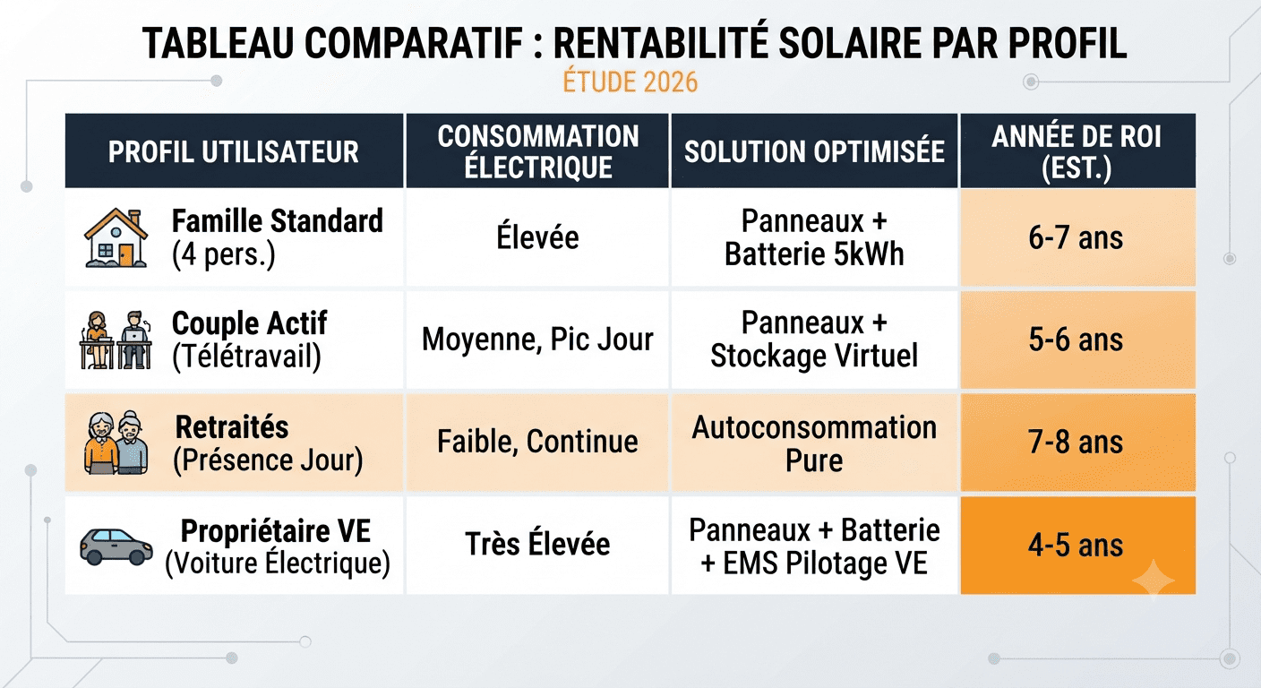 Tableau comparatif des profils de rentabilité solaire avec ROI estimé