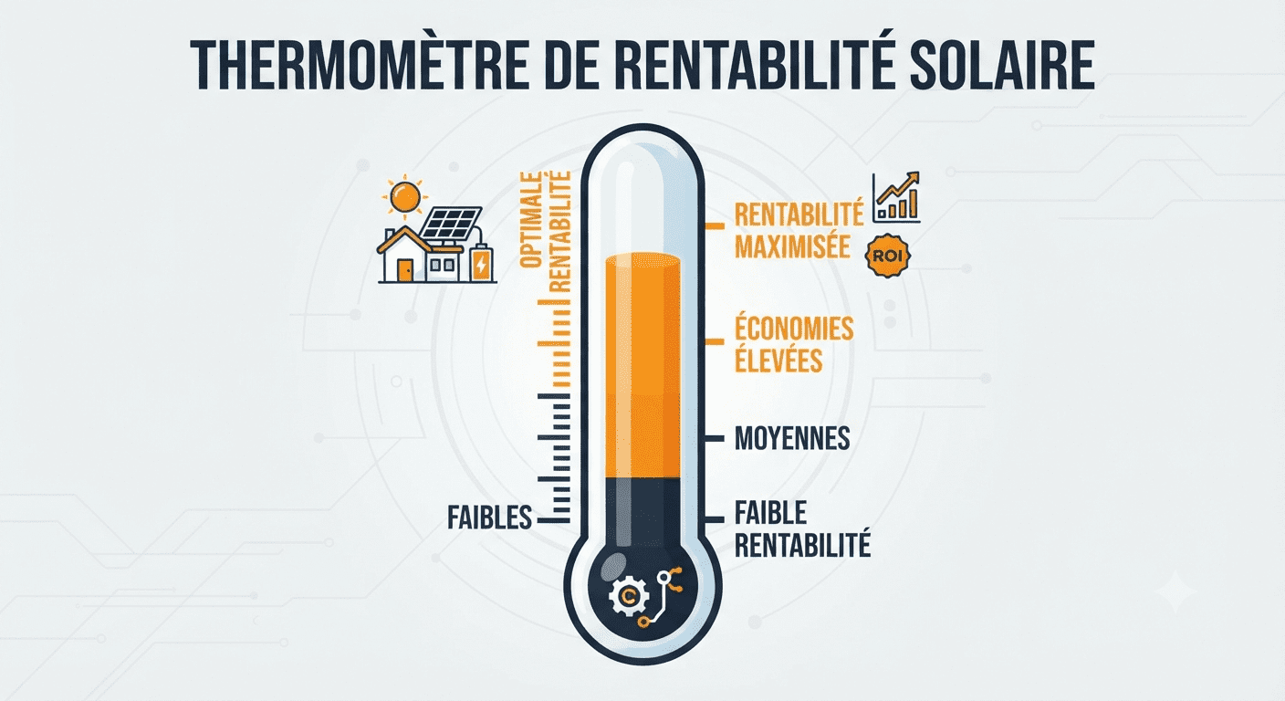 Thermomètre de rentabilité solaire avec zones : pas rentable, moyennement rentable, très rentable