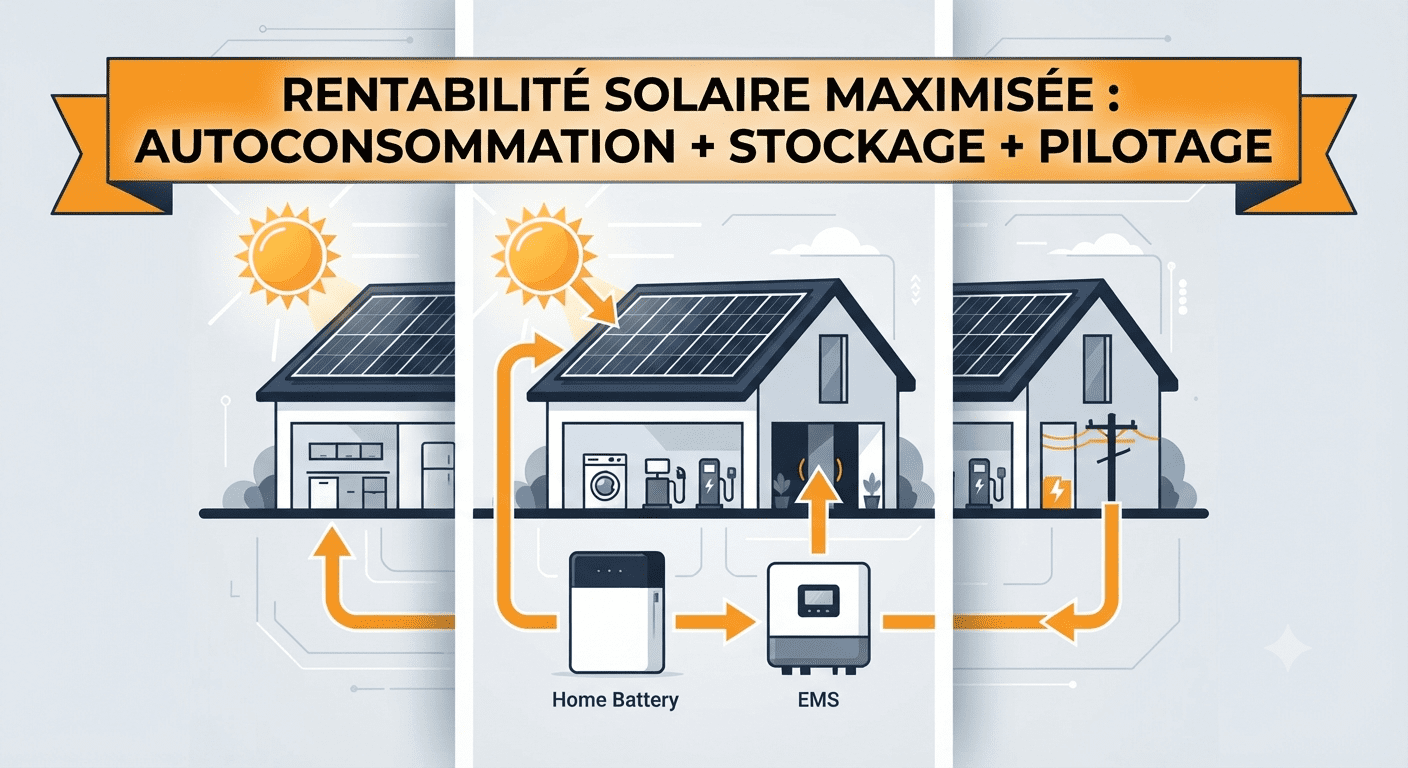 Schéma du triptyque de la rentabilité solaire : autoconsommation, stockage et pilotage intelligent (EMS)